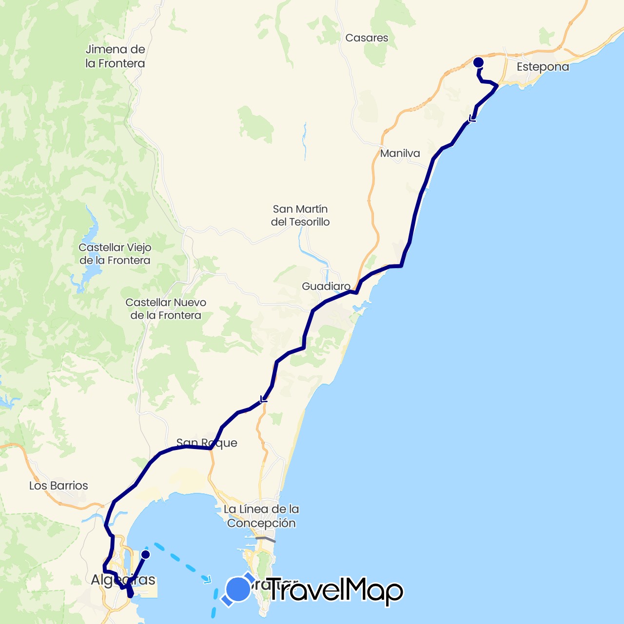 TravelMap itinerary: driving, boat in Spain, Morocco (Africa, Europe)