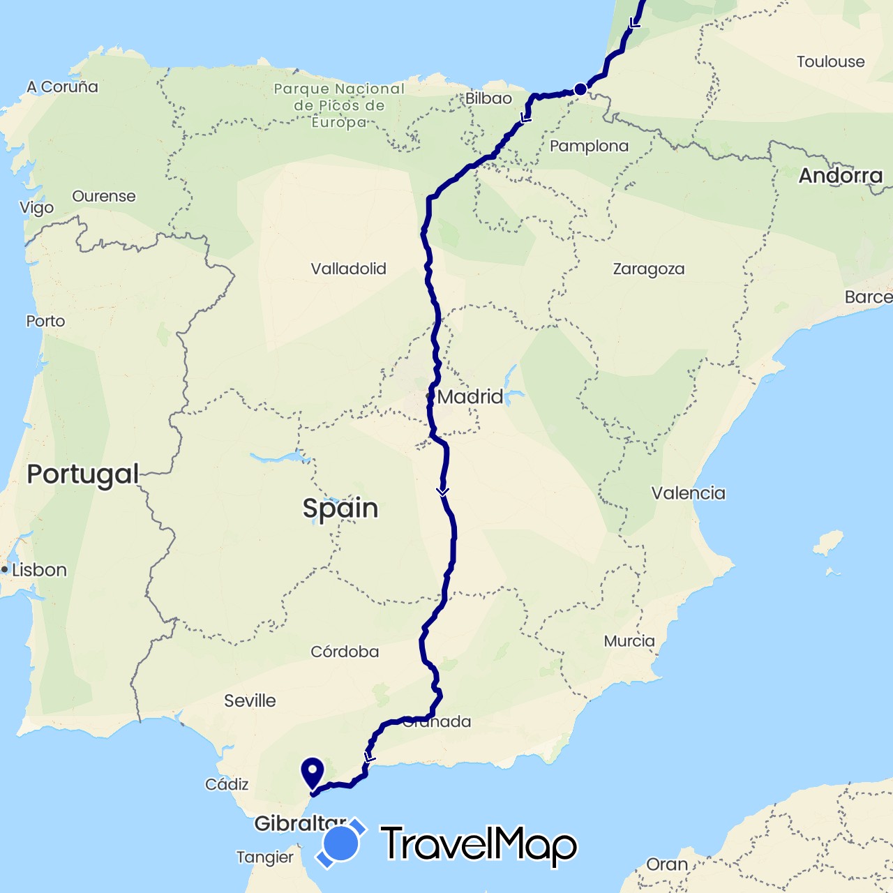 TravelMap itinerary: driving in Spain, France (Europe)