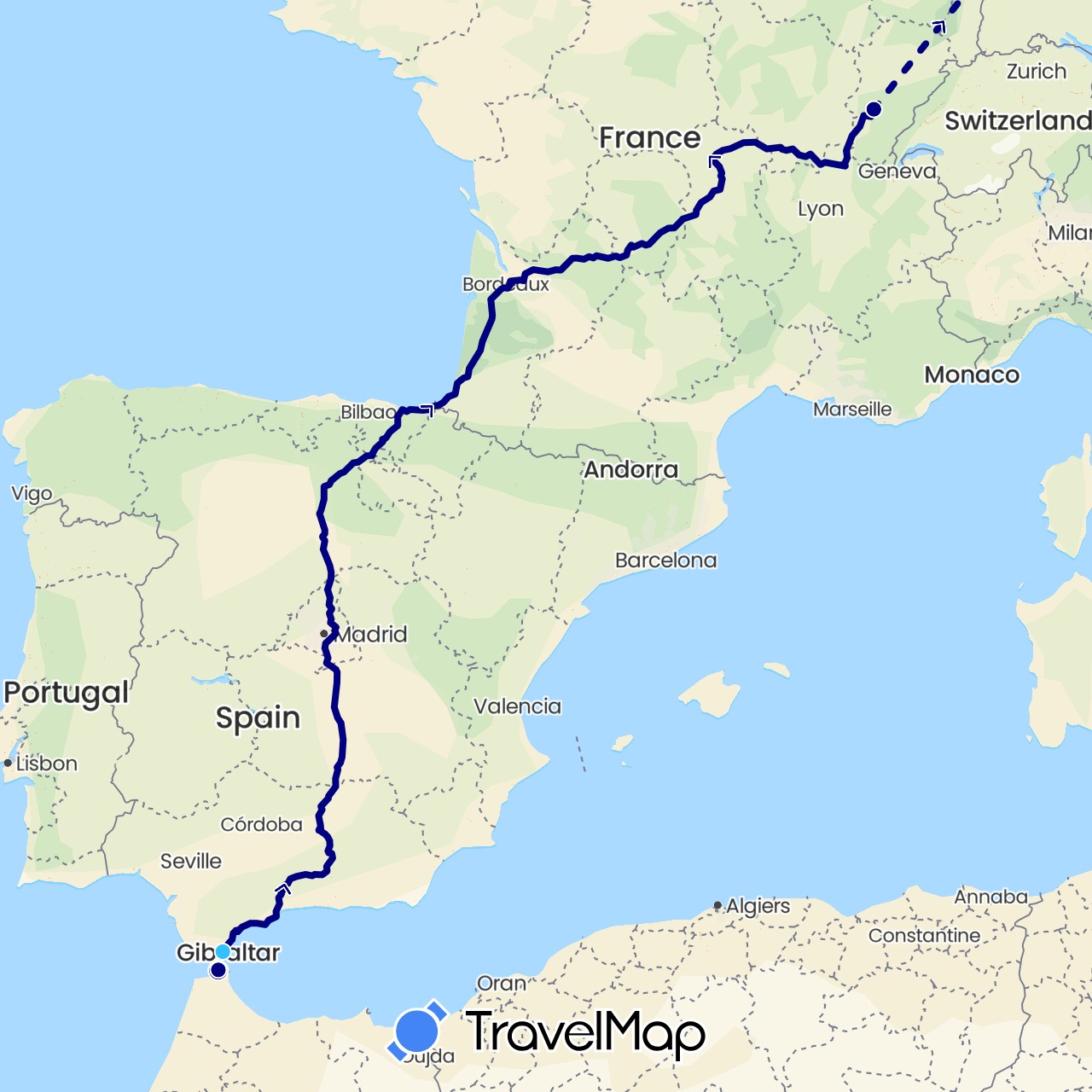 TravelMap itinerary: driving, boat in Spain, France, Morocco (Africa, Europe)